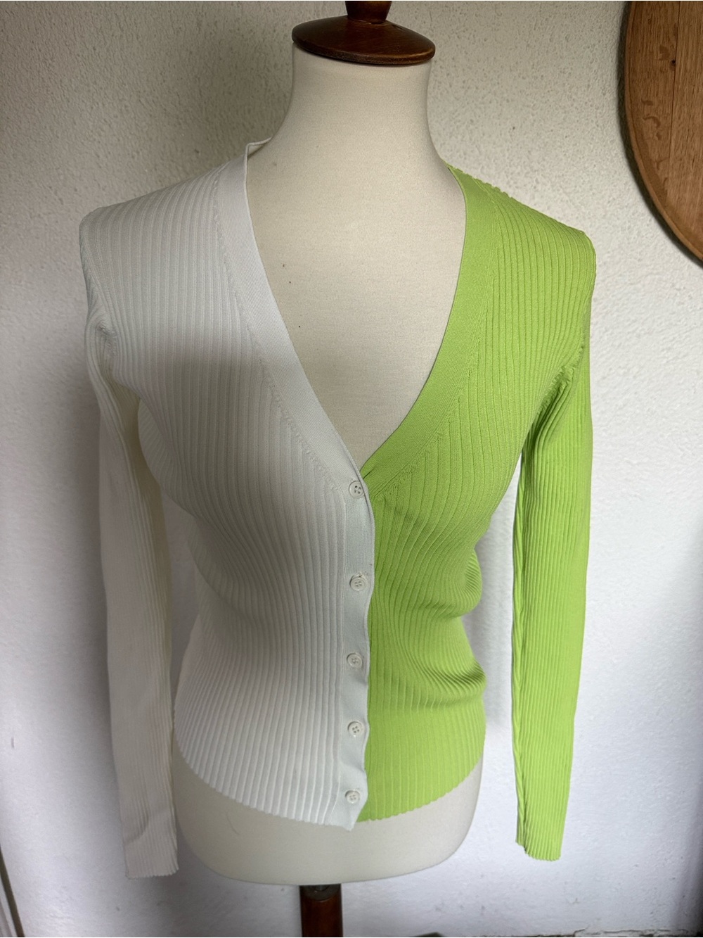 STAUD Two-Tone Ribbed Button Cardigan - White & Lime Green